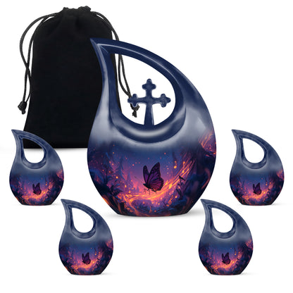 Celestial Blue Butterfly Cremation Urn urn with complimentary velvet bag - cross and butterfly combined in spiritual memorial design - memorial set with one large and four small urns