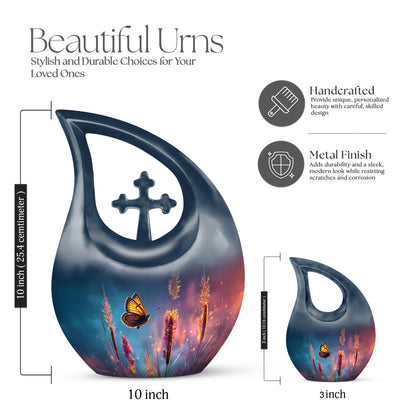 Royal Blue Butterfly Cremation Urn back view with polished surface - faith-inspired cross-drop urn with butterfly pattern - mini keepsake memorial for portion of cremation ashes
