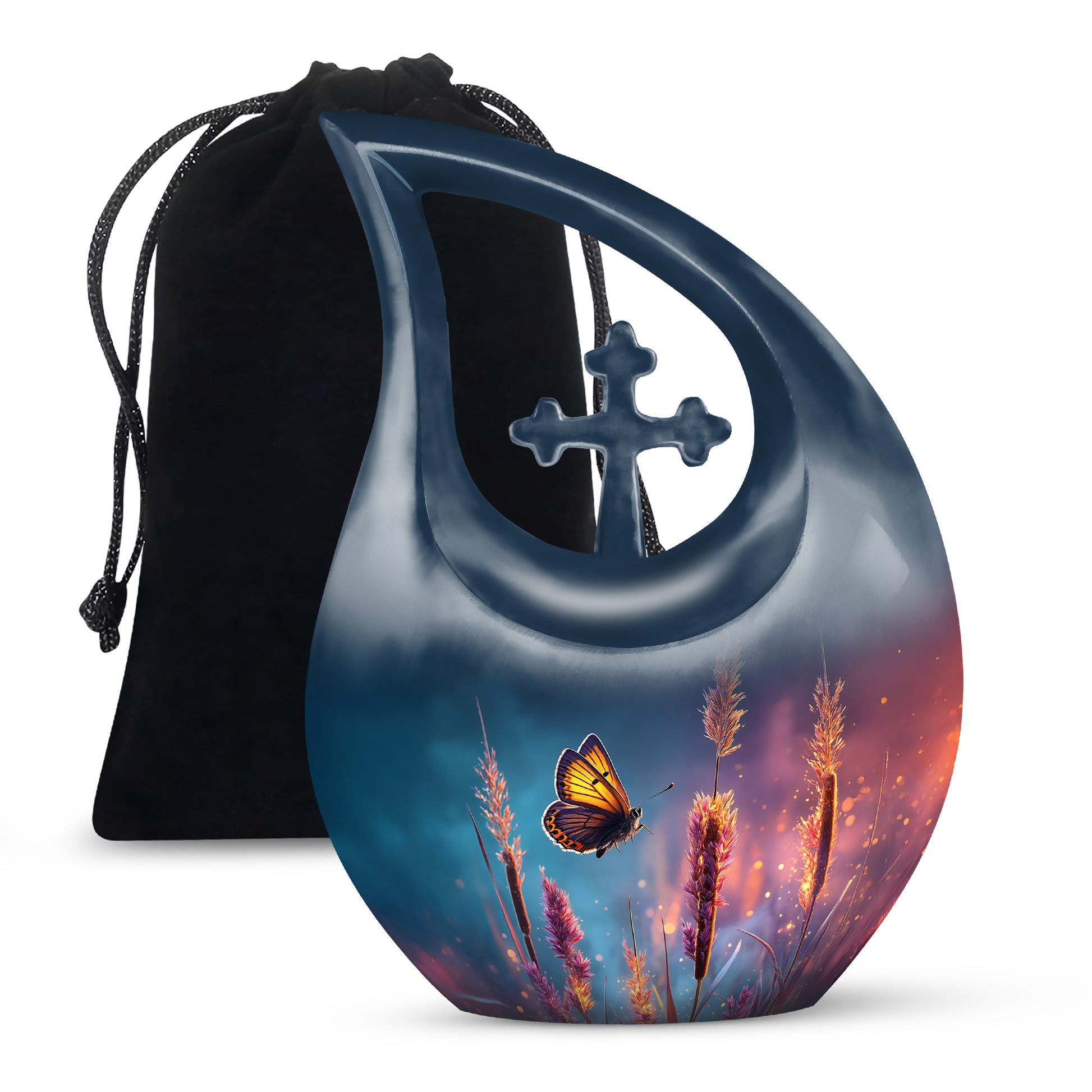 Pastel Blue Butterfly Cremation Urn top-down view of secure threaded lid - cross and butterfly combined in spiritual memorial design - full-size 10 inch 200 cubic inch adult cremation urn