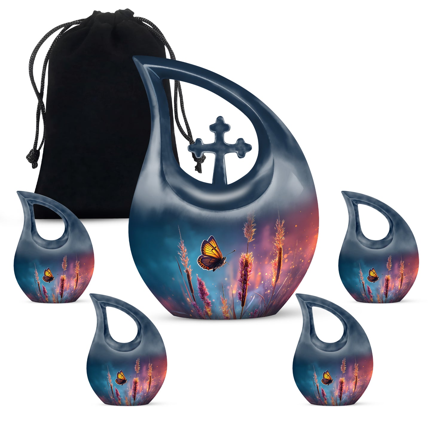 Misty Blue Butterfly Cremation Urn urn with complimentary velvet bag - cross and butterfly combined in spiritual memorial design - memorial set with one large and four small urns
