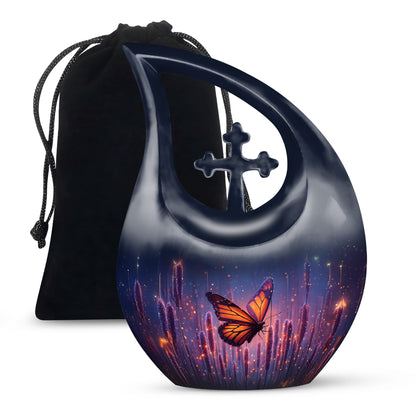 Sapphire Blue Butterfly Cremation Urn top-down view of secure threaded lid - devotional cross-drop butterfly engraving - full-size 10 inch 200 cubic inch adult cremation urn