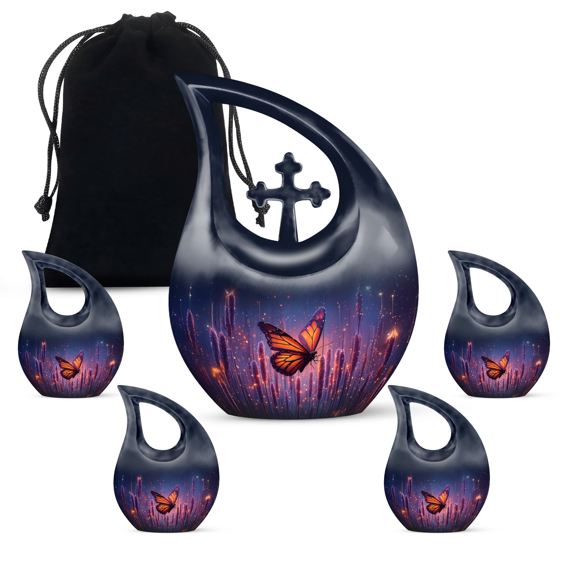 Sapphire Blue Butterfly Cremation Urn urn with complimentary velvet bag - devotional cross-drop butterfly engraving - memorial set with one large and four small urns
