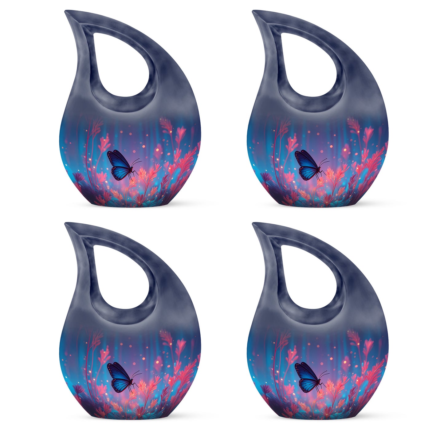 Calming Blue Butterfly Cremation Urn lifestyle display on memorial shelf - faith-inspired cross-drop urn with butterfly pattern - 10 inch aluminum urn for cremated remains