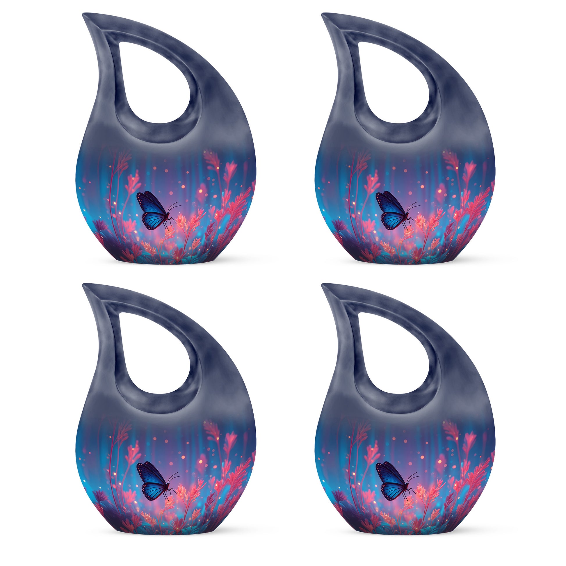 Calming Blue Butterfly Cremation Urn lifestyle display on memorial shelf - faith-inspired cross-drop urn with butterfly pattern - 10 inch aluminum urn for cremated remains