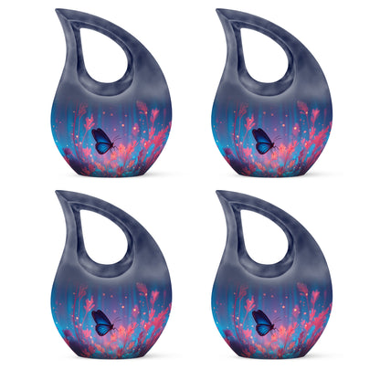 Calming Blue Butterfly Cremation Urn lifestyle display on memorial shelf - faith-inspired cross-drop urn with butterfly pattern - 10 inch aluminum urn for cremated remains