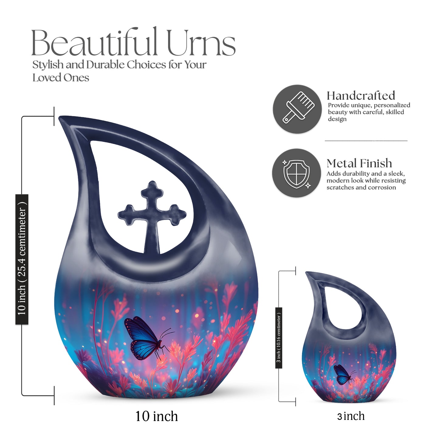 Sky Blue Butterfly Cremation Urn back view with polished surface - sacred cross merged with butterfly motif on metal - mini keepsake memorial for portion of cremation ashes