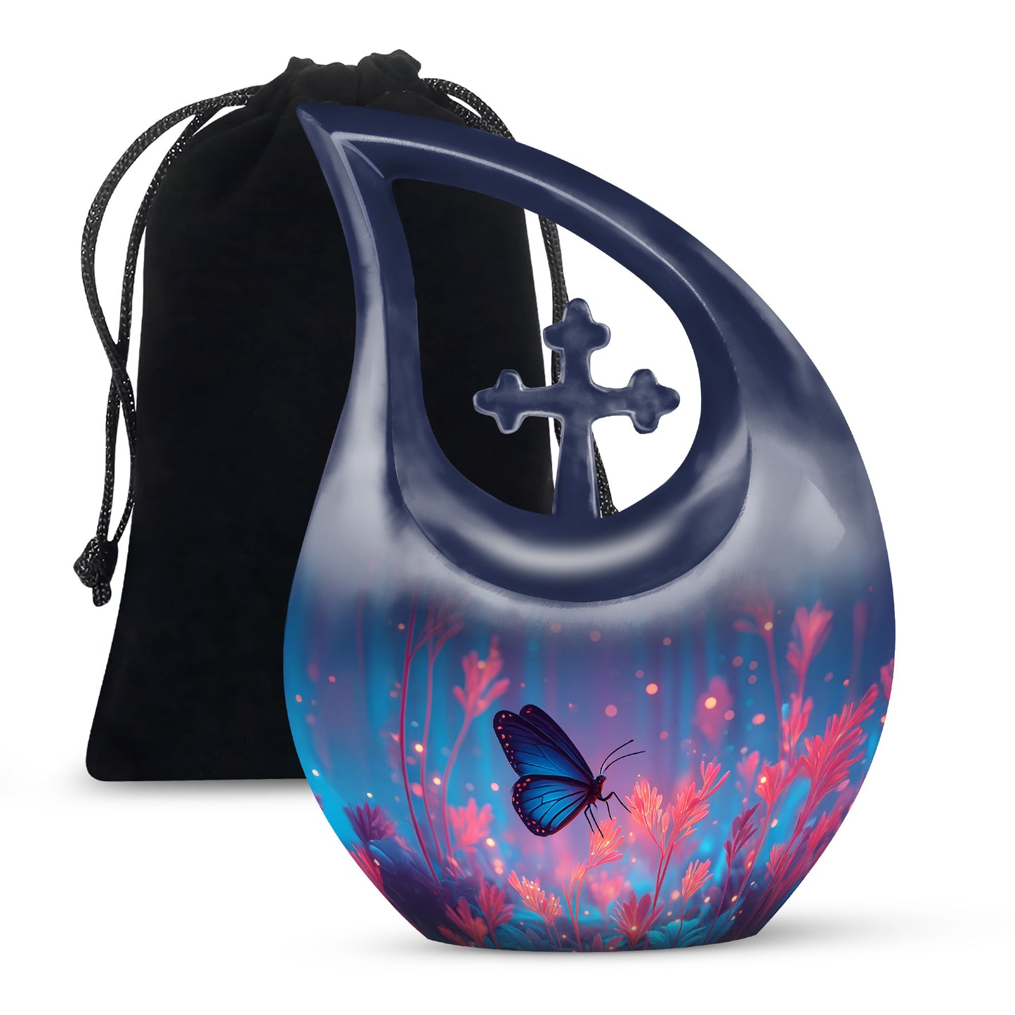 Vivid Blue Butterfly Cremation Urn top-down view of secure threaded lid - faith-inspired cross-drop urn with butterfly pattern - full-size 10 inch 200 cubic inch adult cremation urn