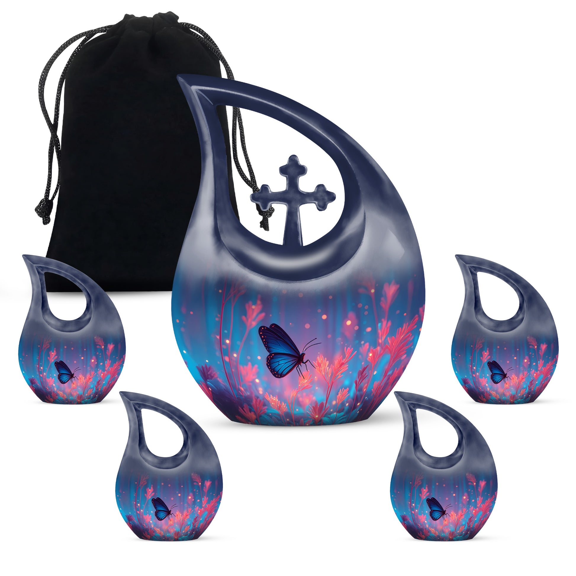 Navy Blue Butterfly Cremation Urn urn with complimentary velvet bag - sacred cross merged with butterfly motif on metal - memorial set with one large and four small urns