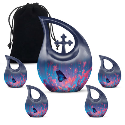 Navy Blue Butterfly Cremation Urn urn with complimentary velvet bag - sacred cross merged with butterfly motif on metal - memorial set with one large and four small urns