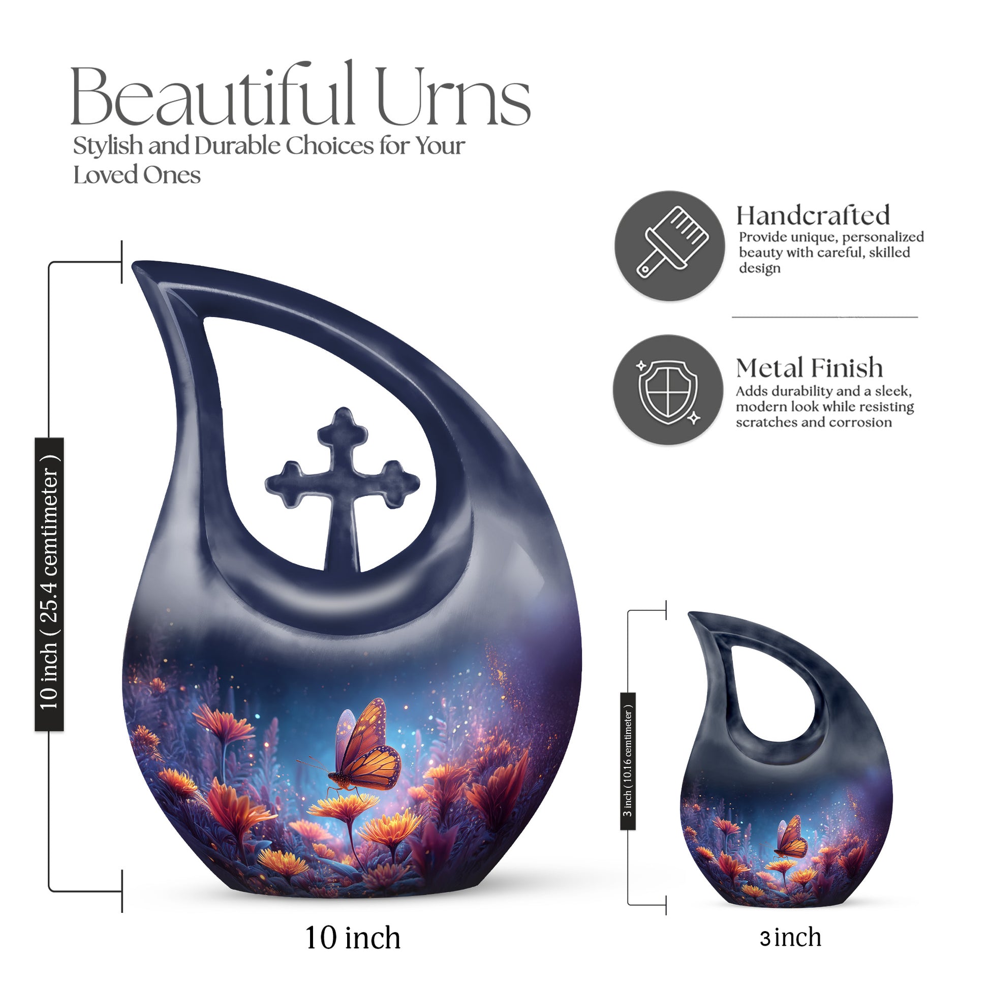 Celestial Blue Butterfly Cremation Urn back view with polished surface - cross and butterfly combined in spiritual memorial design - mini keepsake memorial for portion of cremation ashes