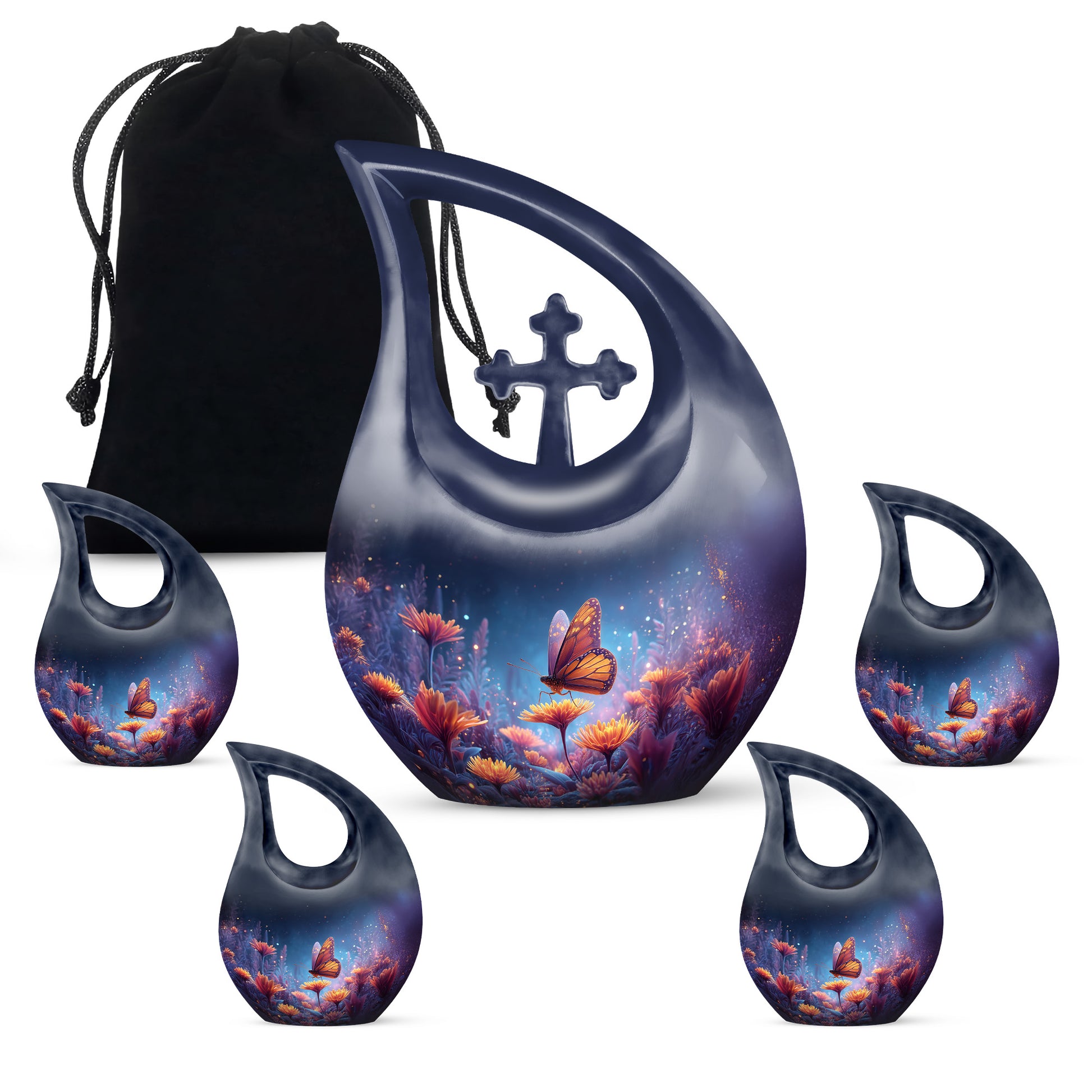 Slate Blue Butterfly Cremation Urn urn with complimentary velvet bag - sacred cross merged with butterfly motif on metal - memorial set with one large and four small urns