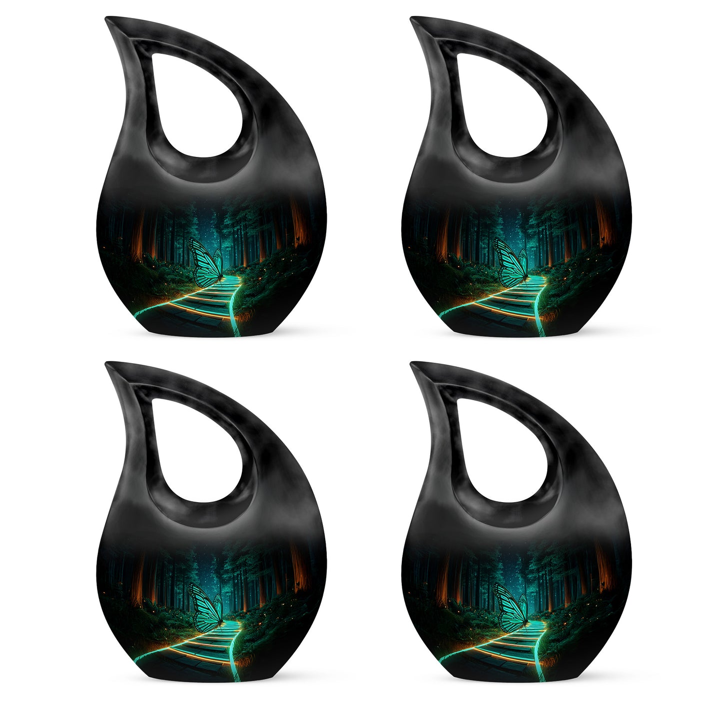 Onyx Black Butterfly Cremation Urn lifestyle display on memorial shelf - devotional cross-drop butterfly engraving - 10 inch aluminum urn for cremated remains