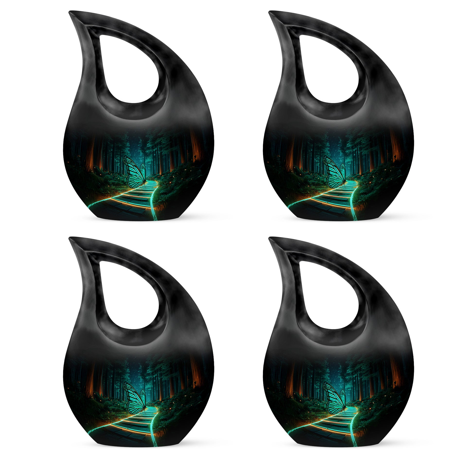 Onyx Black Butterfly Cremation Urn lifestyle display on memorial shelf - devotional cross-drop butterfly engraving - 10 inch aluminum urn for cremated remains