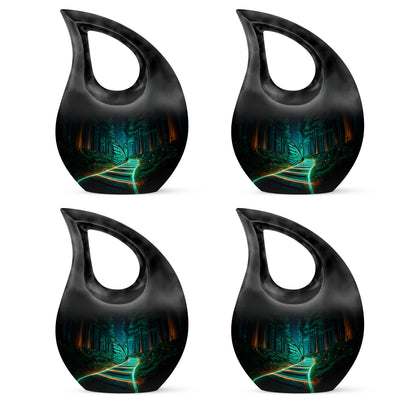 Onyx Black Butterfly Cremation Urn lifestyle display on memorial shelf - devotional cross-drop butterfly engraving - 10 inch aluminum urn for cremated remains