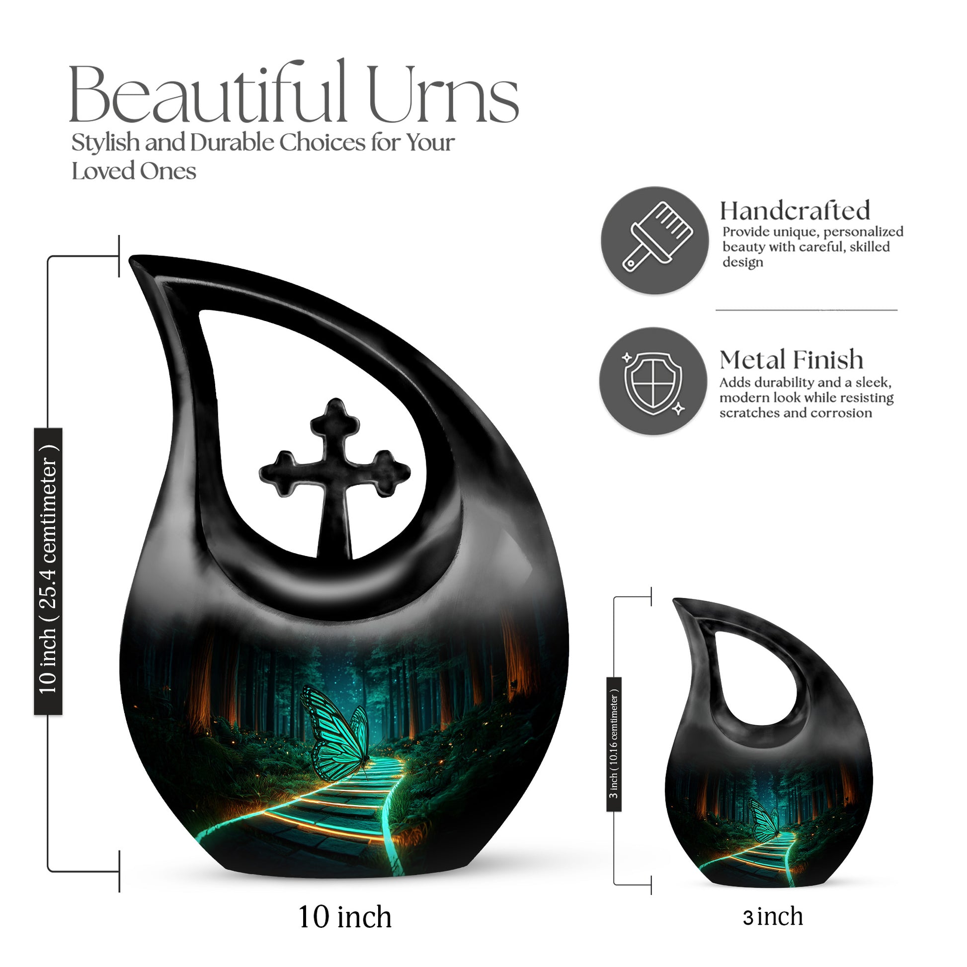 Dark Black Butterfly Cremation Urn back view with polished surface - devotional cross-drop butterfly engraving - mini keepsake memorial for portion of cremation ashes