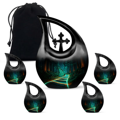 Rich Black Butterfly Cremation Urn urn with complimentary velvet bag - cross and butterfly combined in spiritual memorial design - memorial set with one large and four small urns