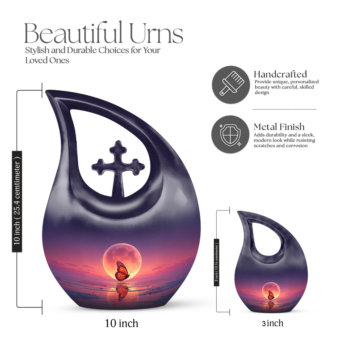 Royal Blue Butterfly Cremation Urn back view with polished surface - devotional cross-drop butterfly engraving - mini keepsake memorial for portion of cremation ashes