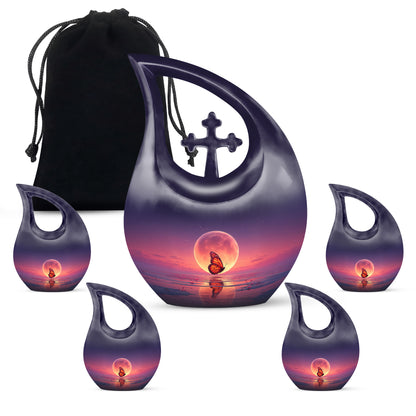 Serene Blue Butterfly Cremation Urn urn with complimentary velvet bag - faith-inspired cross-drop urn with butterfly pattern - memorial set with one large and four small urns
