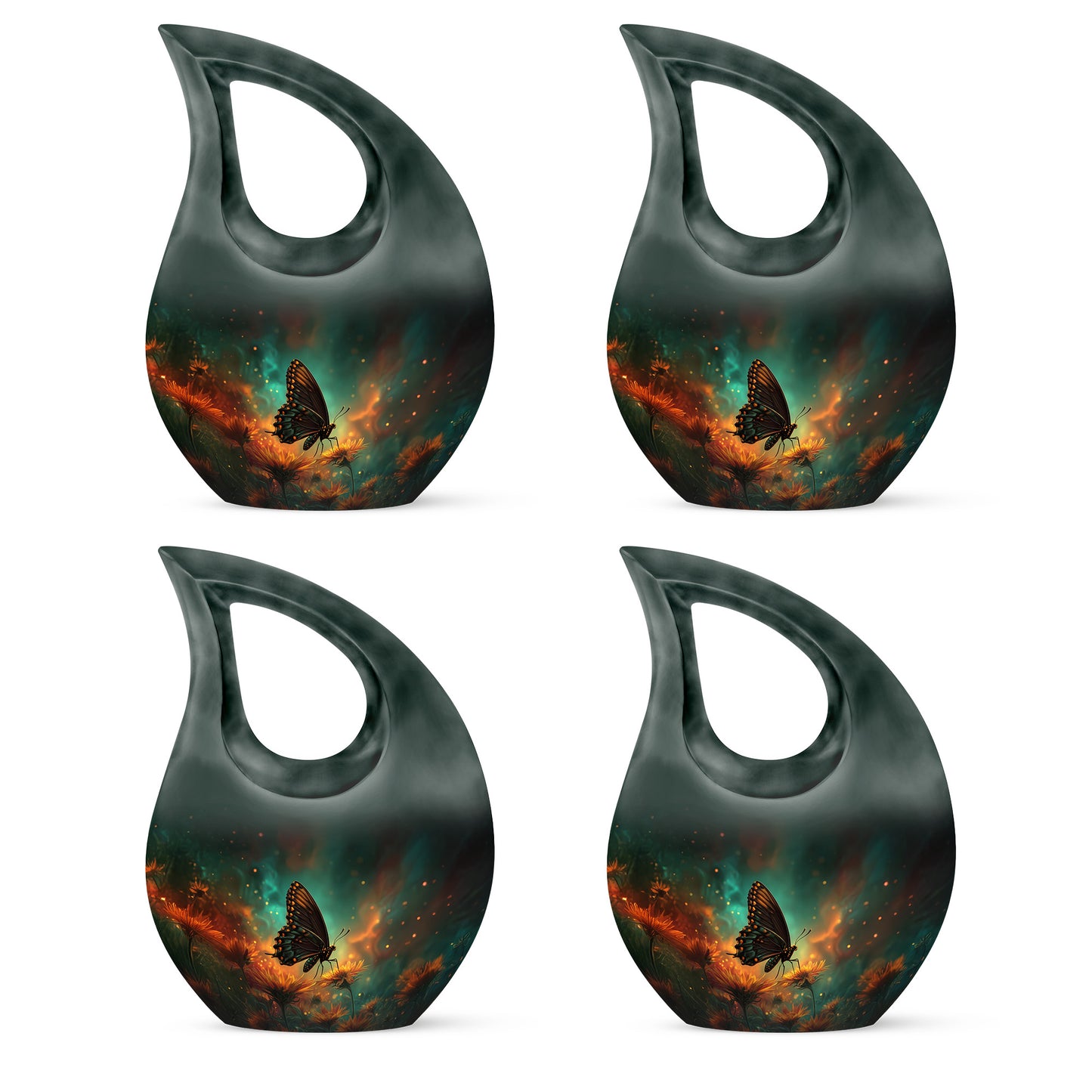 Mystic Teal Butterfly Cremation Urn lifestyle display on memorial shelf - devotional cross-drop butterfly engraving - 10 inch aluminum urn for cremated remains