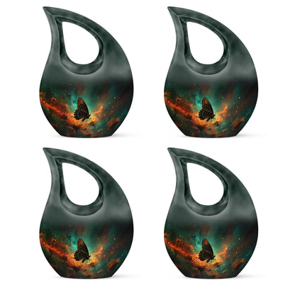 Mystic Teal Butterfly Cremation Urn lifestyle display on memorial shelf - devotional cross-drop butterfly engraving - 10 inch aluminum urn for cremated remains
