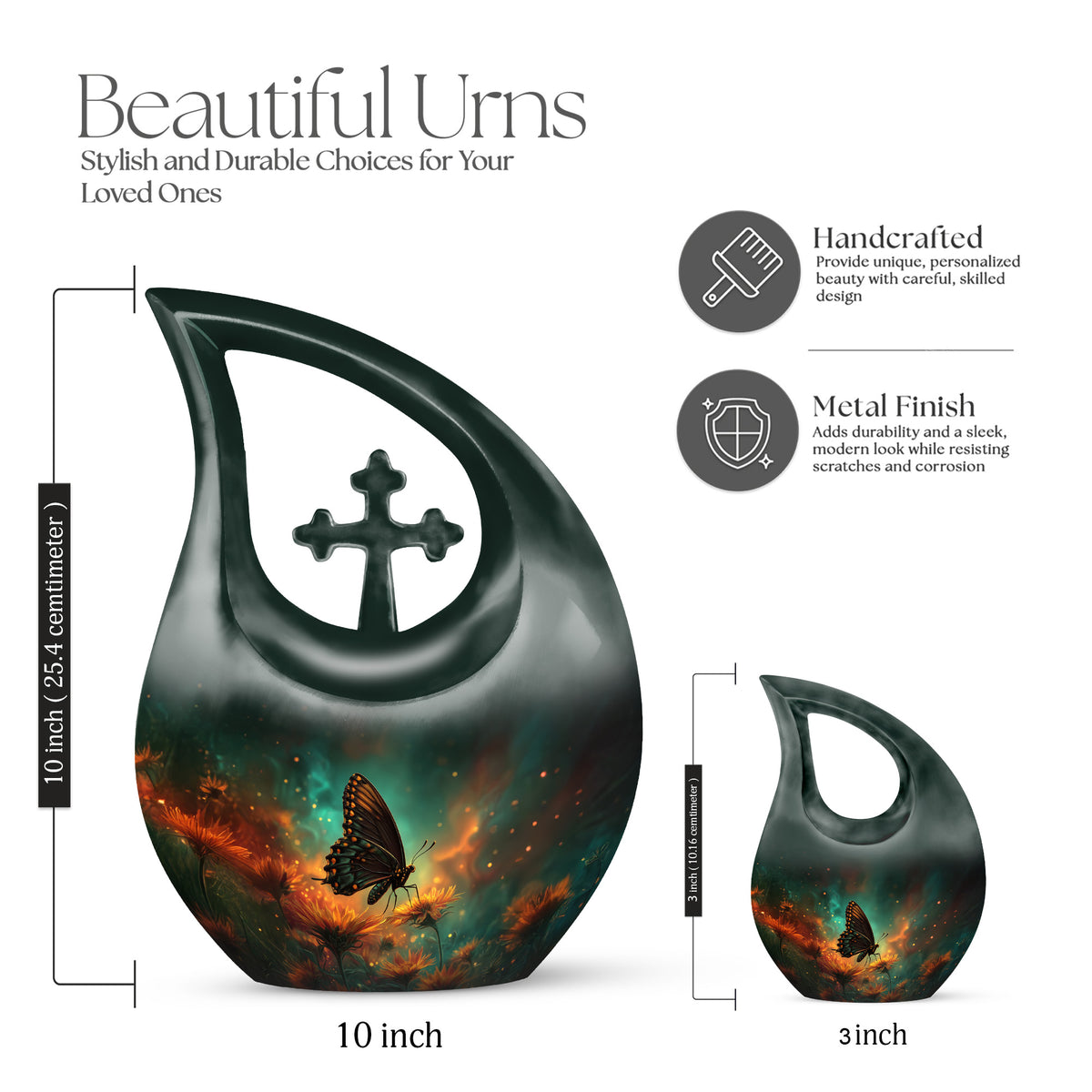 Aqua Teal Butterfly Cremation Urn back view with polished surface - devotional cross-drop butterfly engraving - mini keepsake memorial for portion of cremation ashes
