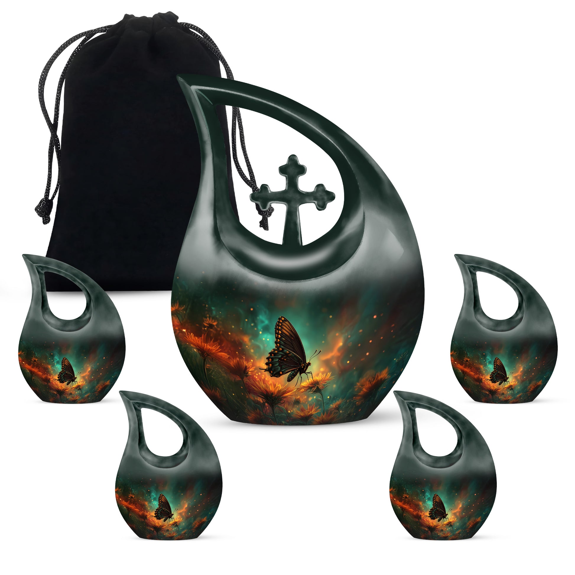 Ocean Teal Butterfly Cremation Urn urn with complimentary velvet bag - sacred cross merged with butterfly motif on metal - memorial set with one large and four small urns