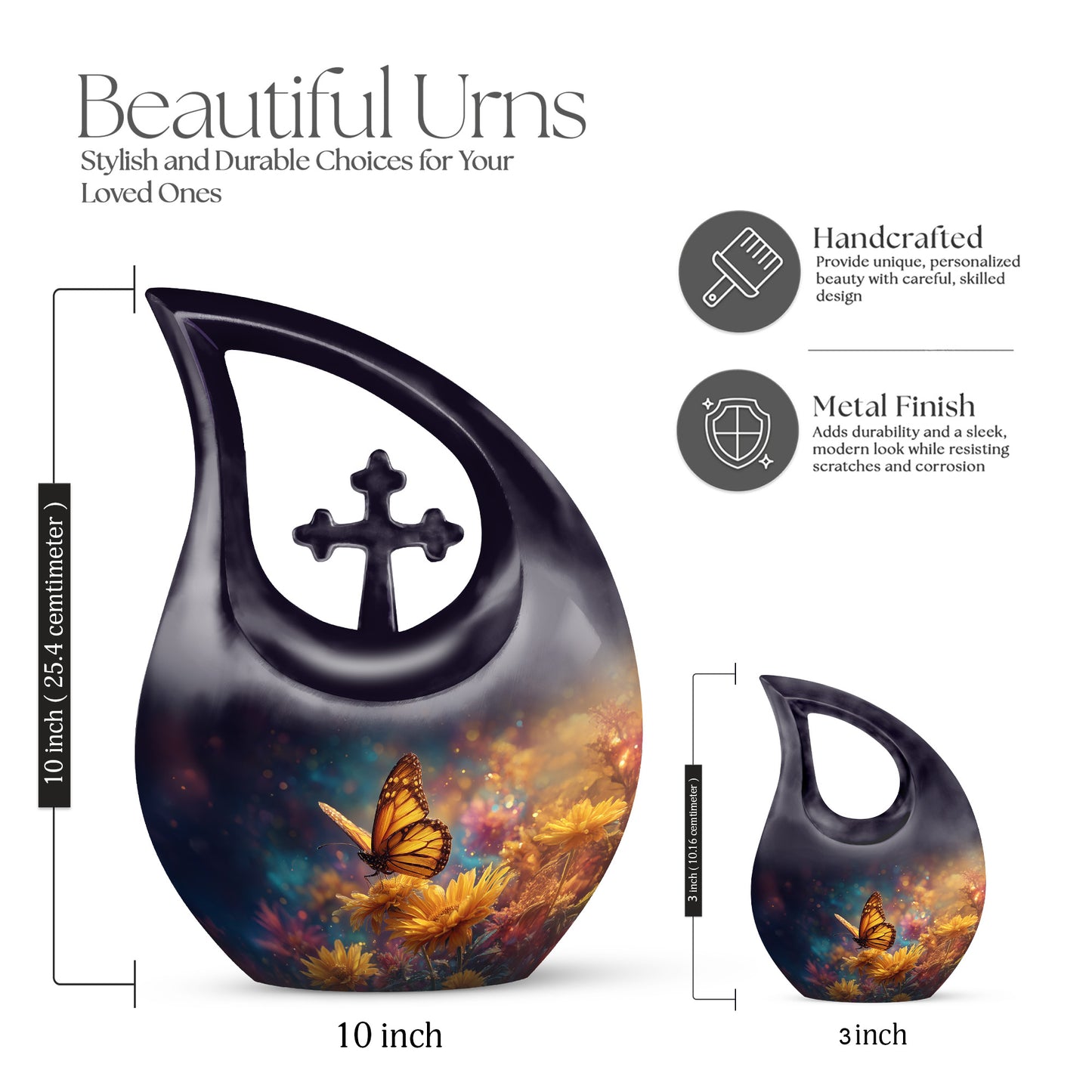 Twilight Blue Butterfly Cremation Urn back view with polished surface - faith-inspired cross-drop urn with butterfly pattern - mini keepsake memorial for portion of cremation ashes