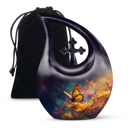 Soft Blue Butterfly Cremation Urn top-down view of secure threaded lid - devotional cross-drop butterfly engraving - full-size 10 inch 200 cubic inch adult cremation urn