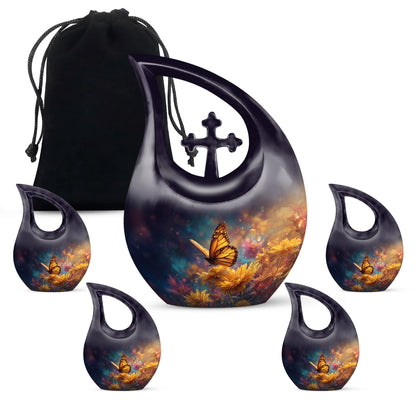 Serene Blue Butterfly Cremation Urn urn with complimentary velvet bag - devotional cross-drop butterfly engraving - memorial set with one large and four small urns