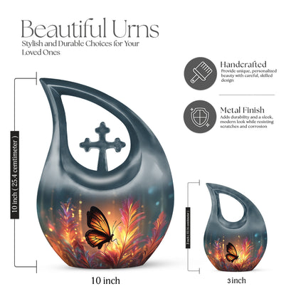 Royal Gold Butterfly Cremation Urn back view with polished surface - faith-inspired cross-drop urn with butterfly pattern - mini keepsake memorial for portion of cremation ashes
