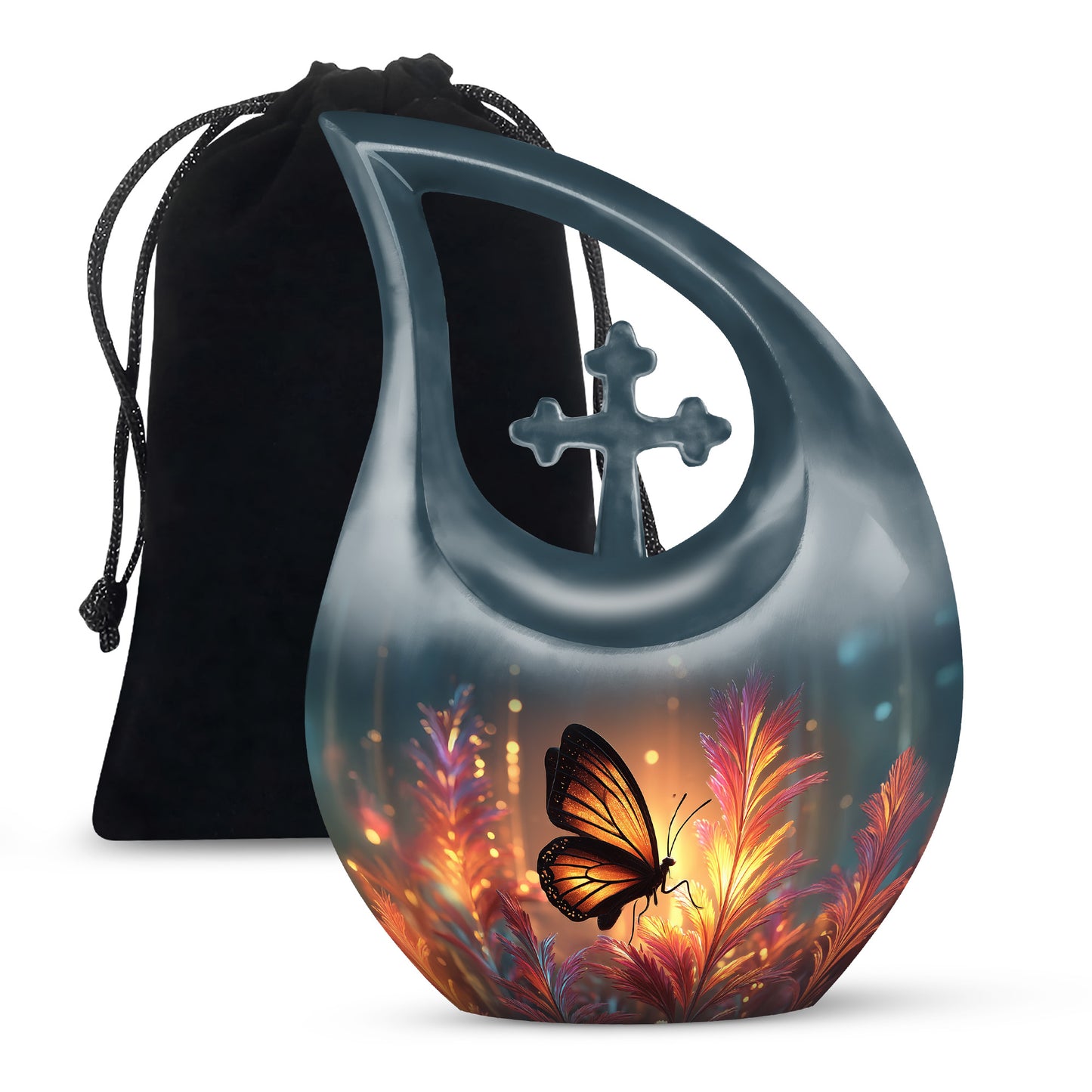 Royal Gold Butterfly Cremation Urn top-down view of secure threaded lid - devotional cross-drop butterfly engraving - full-size 10 inch 200 cubic inch adult cremation urn