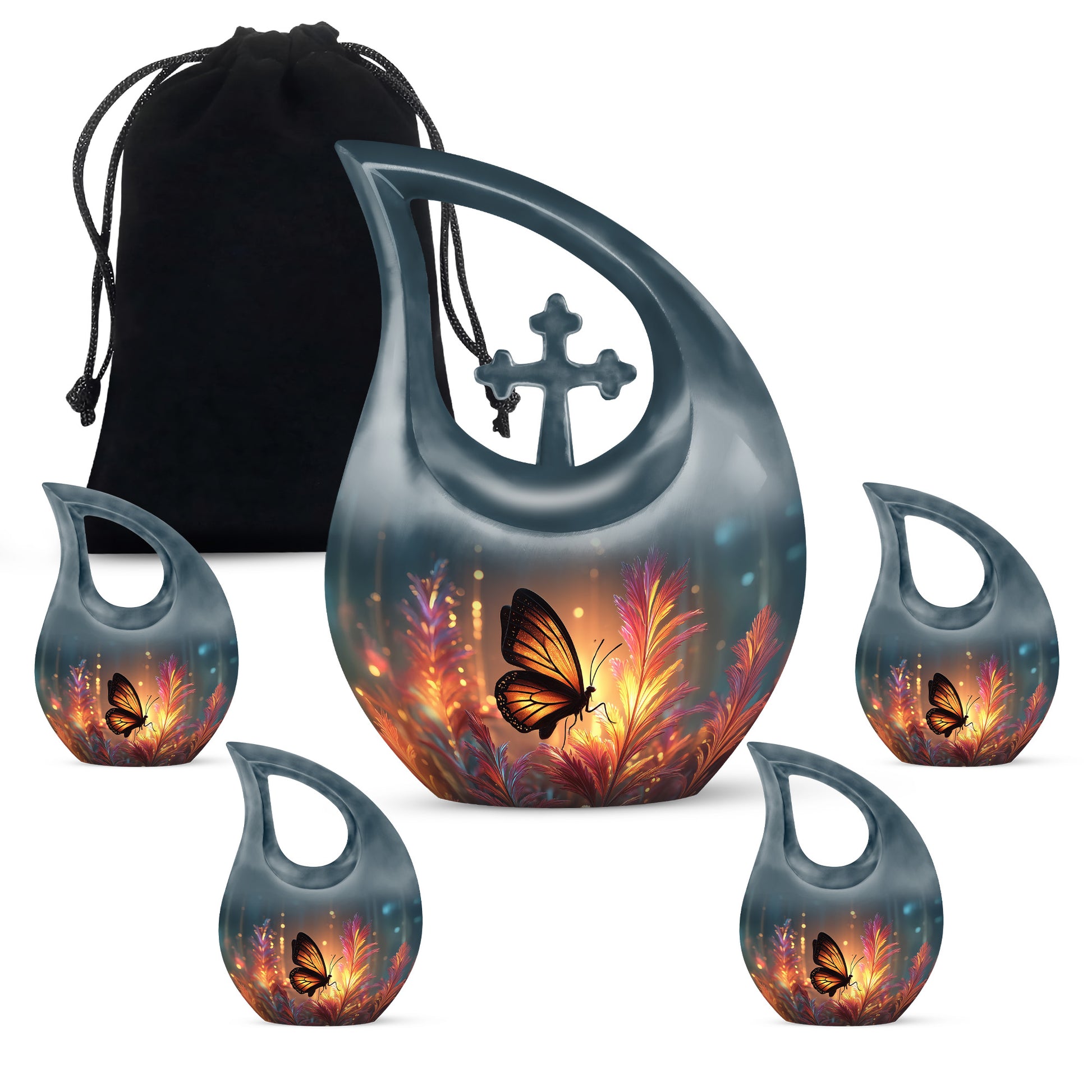 Harvest Gold Butterfly Cremation Urn urn with complimentary velvet bag - faith-inspired cross-drop urn with butterfly pattern - memorial set with one large and four small urns
