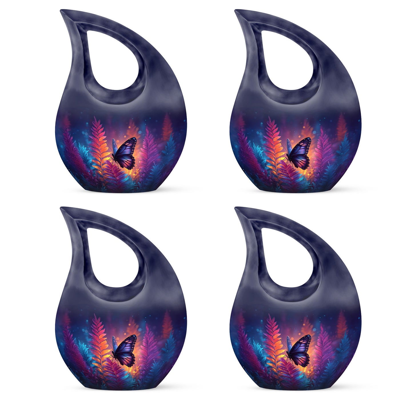 Misty Blue Butterfly Cremation Urn lifestyle display on memorial shelf - sacred cross merged with butterfly motif on metal - 10 inch aluminum urn for cremated remains