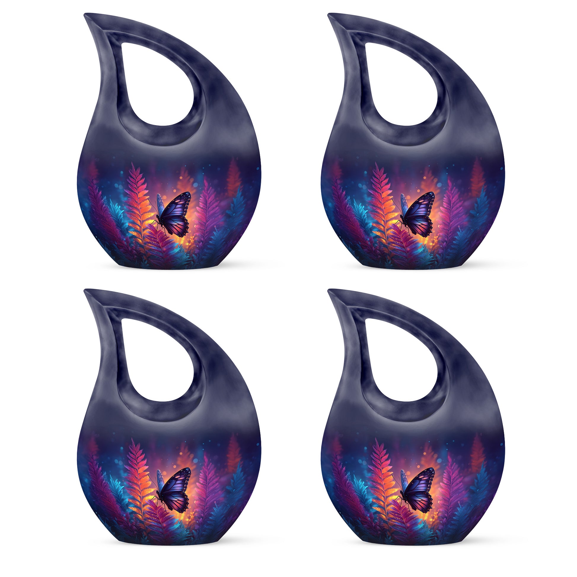 Misty Blue Butterfly Cremation Urn lifestyle display on memorial shelf - sacred cross merged with butterfly motif on metal - 10 inch aluminum urn for cremated remains