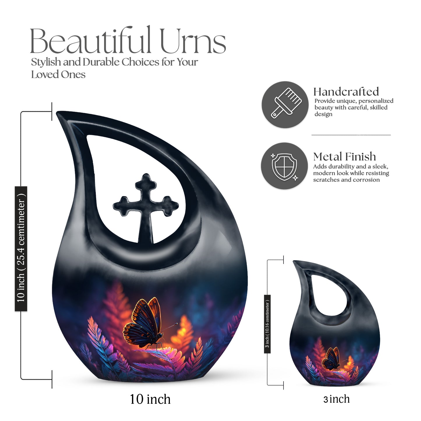 Powder Blue Butterfly Cremation Urn back view with polished surface - cross and butterfly combined in spiritual memorial design - mini keepsake memorial for portion of cremation ashes