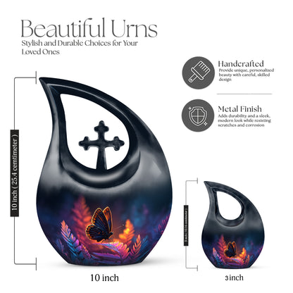 Powder Blue Butterfly Cremation Urn back view with polished surface - cross and butterfly combined in spiritual memorial design - mini keepsake memorial for portion of cremation ashes