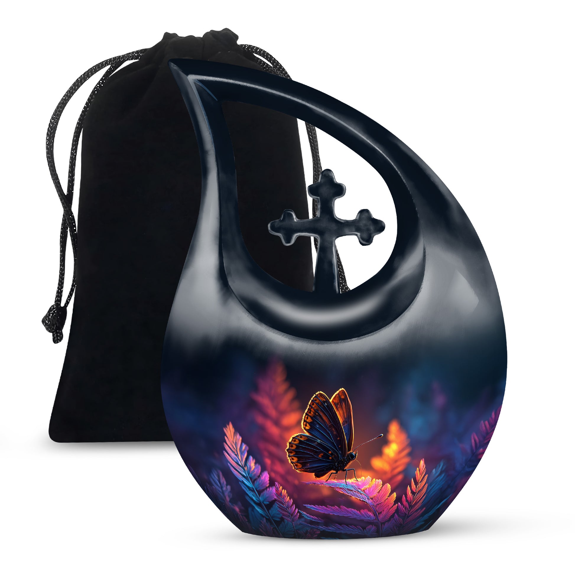 Pastel Blue Butterfly Cremation Urn top-down view of secure threaded lid - sacred cross merged with butterfly motif on metal - full-size 10 inch 200 cubic inch adult cremation urn