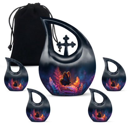 Powder Blue Butterfly Cremation Urn urn with complimentary velvet bag - sacred cross merged with butterfly motif on metal - memorial set with one large and four small urns