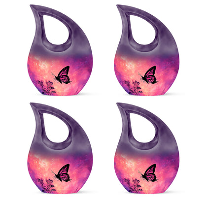 Rose Pink Butterfly Cremation Urn lifestyle display on memorial shelf - sacred cross merged with butterfly motif on metal - 10 inch aluminum urn for cremated remains