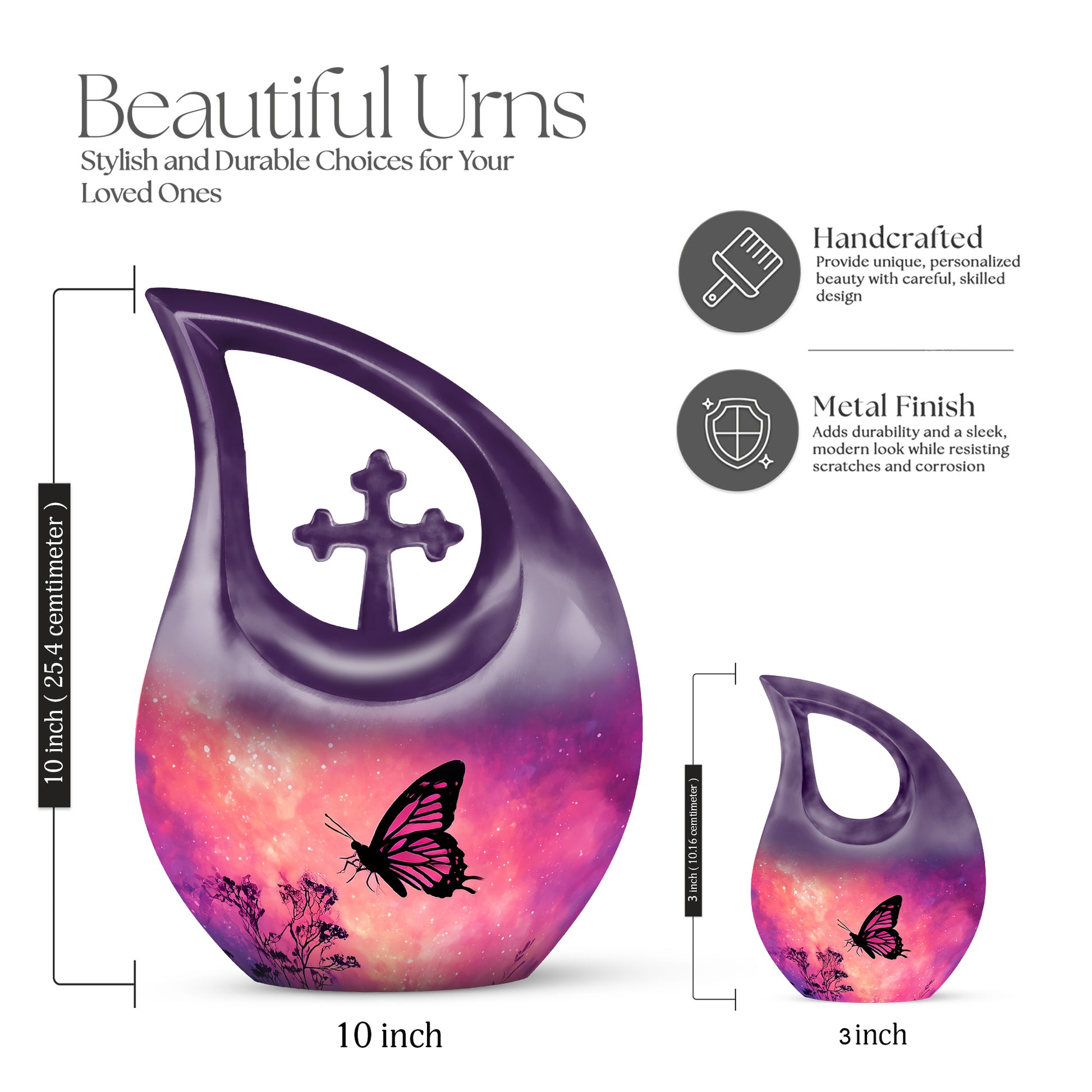 Blush Pink Butterfly Cremation Urn back view with polished surface - sacred cross merged with butterfly motif on metal - mini keepsake memorial for portion of cremation ashes