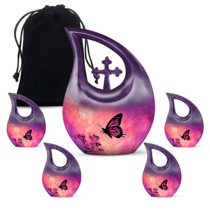 Rose Pink Butterfly Cremation Urn urn with complimentary velvet bag - sacred cross merged with butterfly motif on metal - memorial set with one large and four small urns
