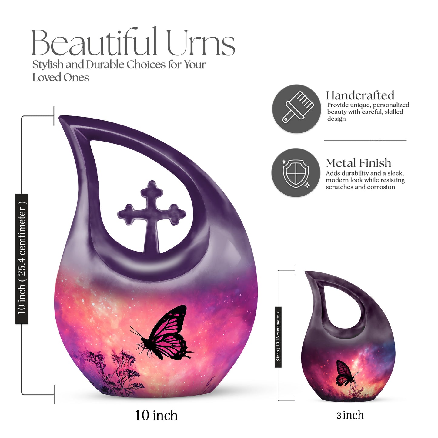 Soft Pink Butterfly Cremation Urn back view with polished surface - faith-inspired cross-drop urn with butterfly pattern - mini keepsake memorial for portion of cremation ashes