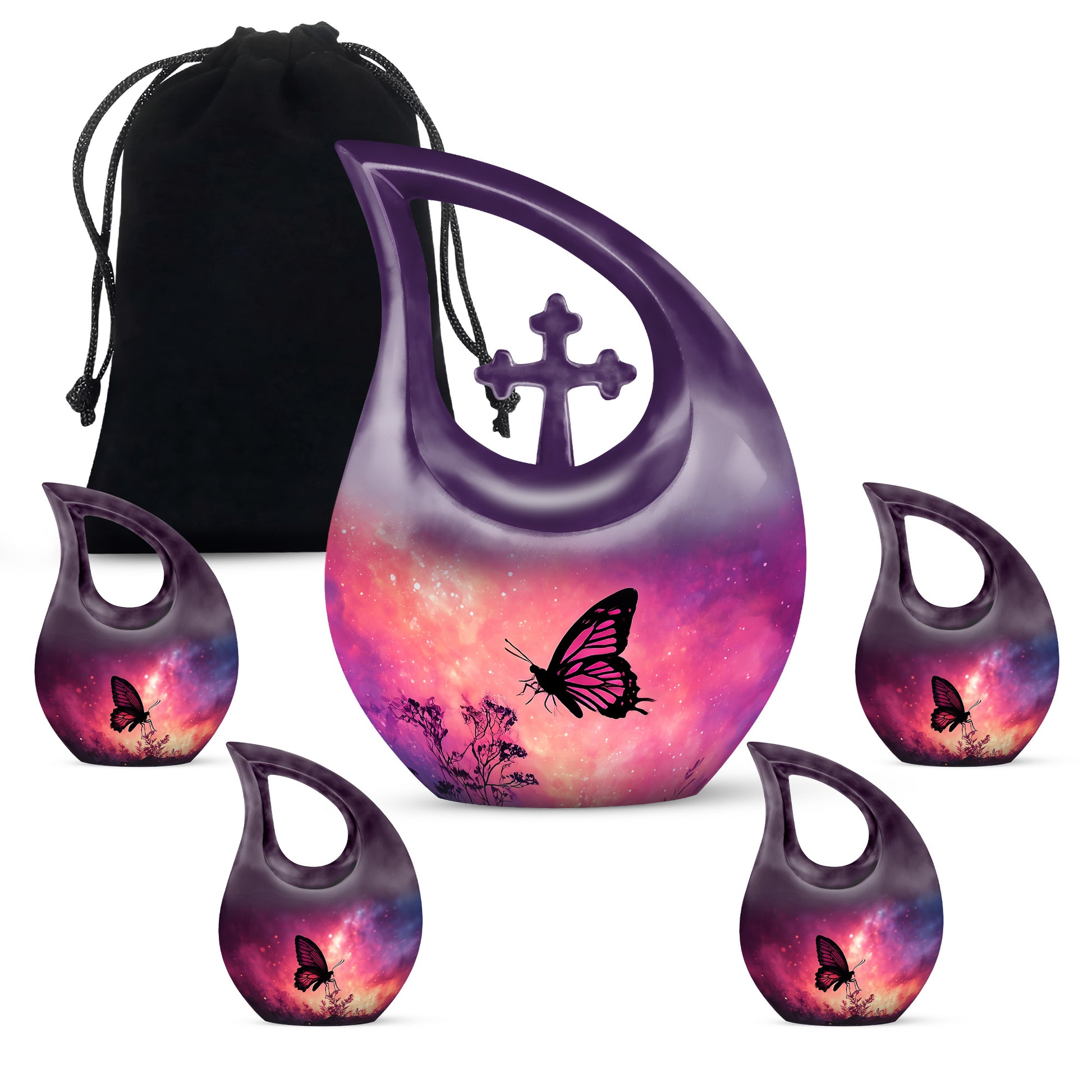 Pastel Pink Butterfly Cremation Urn urn with complimentary velvet bag - cross and butterfly combined in spiritual memorial design - memorial set with one large and four small urns