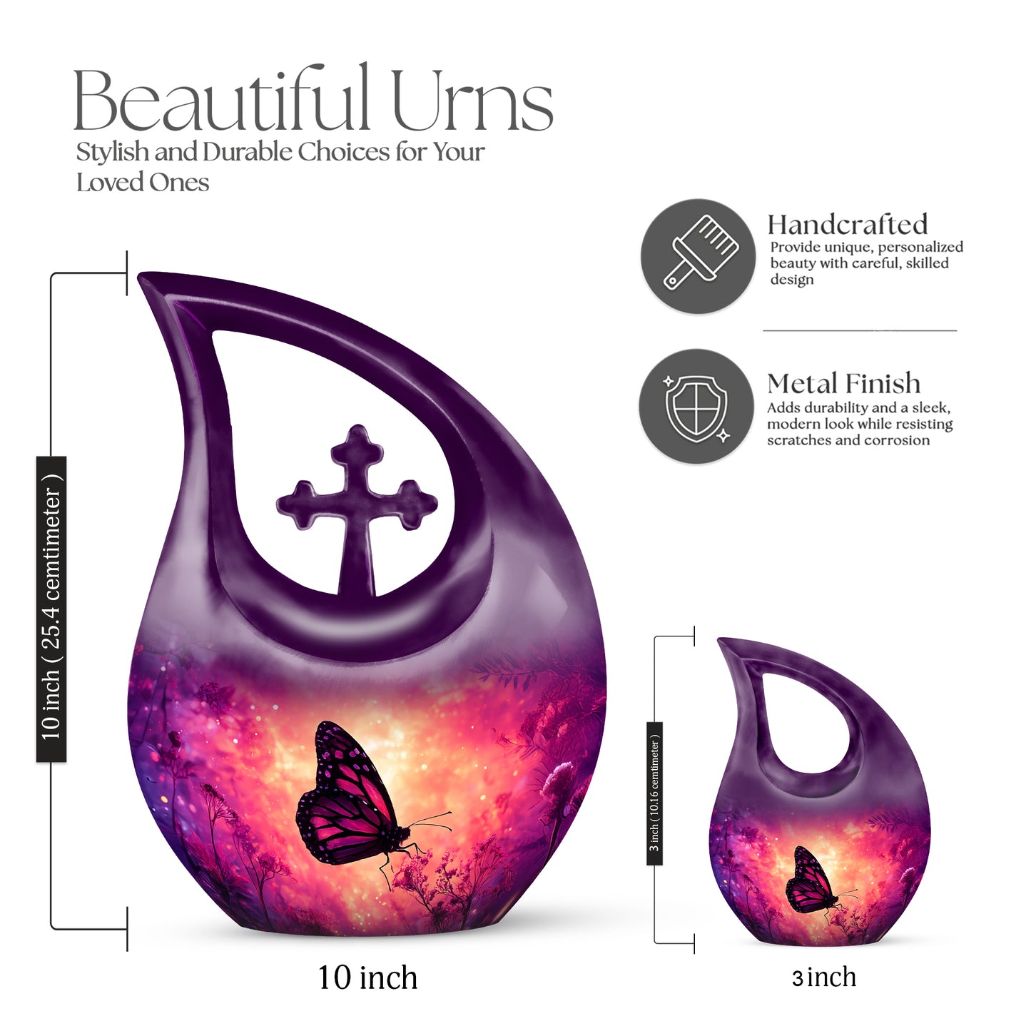 Petal Pink Butterfly Cremation Urn back view with polished surface - faith-inspired cross-drop urn with butterfly pattern - mini keepsake memorial for portion of cremation ashes