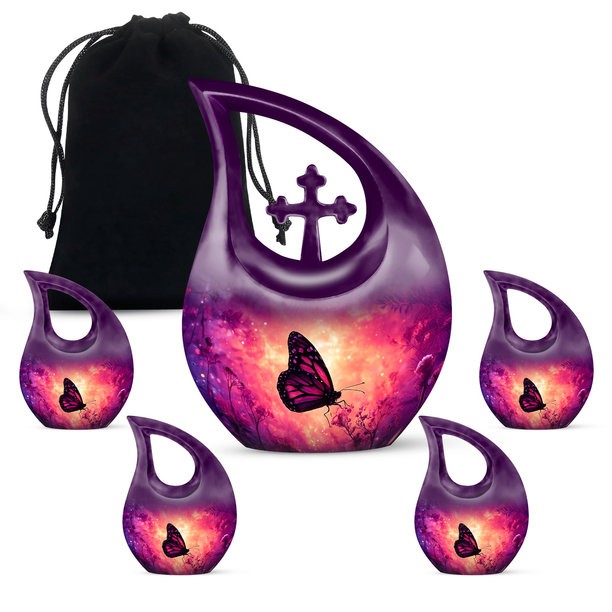 Peony Pink Butterfly Cremation Urn urn with complimentary velvet bag - cross and butterfly combined in spiritual memorial design - memorial set with one large and four small urns