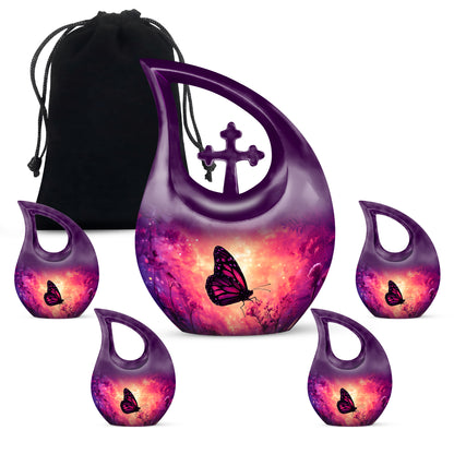 Peony Pink Butterfly Cremation Urn urn with complimentary velvet bag - cross and butterfly combined in spiritual memorial design - memorial set with one large and four small urns