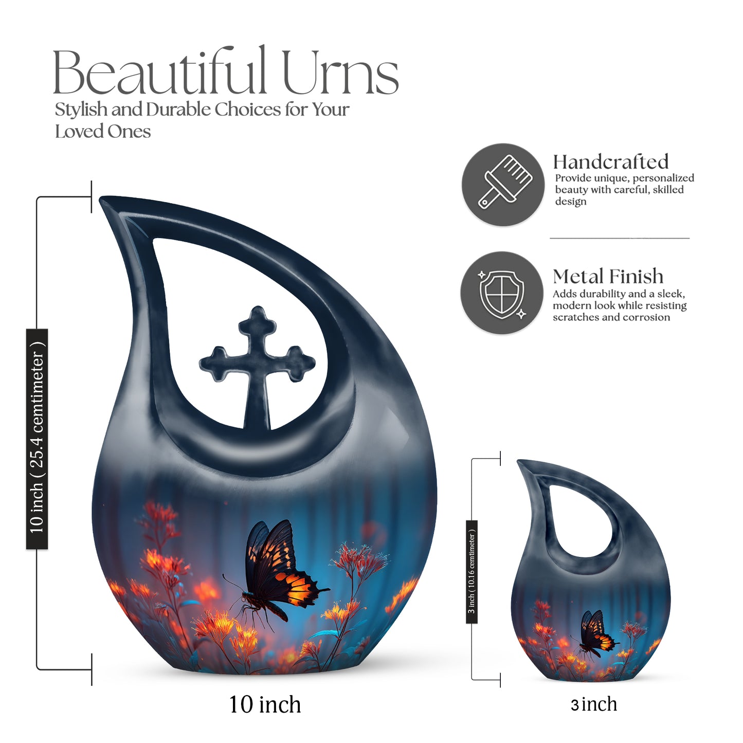 Dusty Blue Butterfly Cremation Urn back view with polished surface - sacred cross merged with butterfly motif on metal - mini keepsake memorial for portion of cremation ashes