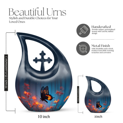 Dusty Blue Butterfly Cremation Urn back view with polished surface - sacred cross merged with butterfly motif on metal - mini keepsake memorial for portion of cremation ashes