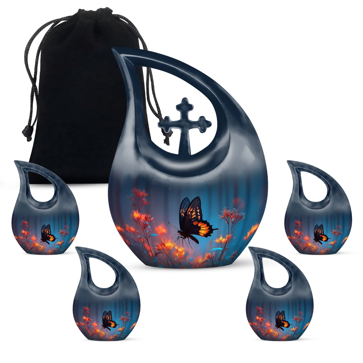 Royal Blue Butterfly Cremation Urn urn with complimentary velvet bag - devotional cross-drop butterfly engraving - memorial set with one large and four small urns