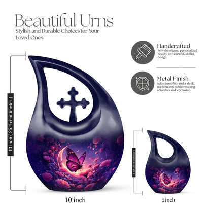 Soft Blue Butterfly Cremation Urn back view with polished surface - faith-inspired cross-drop urn with butterfly pattern - mini keepsake memorial for portion of cremation ashes